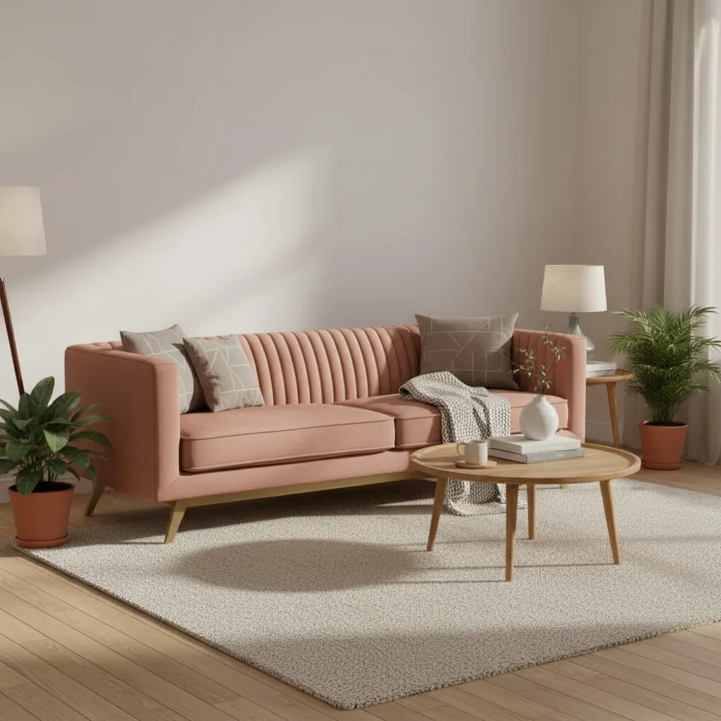 I WOOD HANDICRAFTS Blush Velvet Modern Sofa with Gold Accents