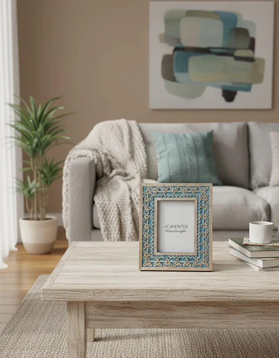 I WOOD HANDICRAFTS Elegant Blue Carved Photo Frame for Modern Living Spaces